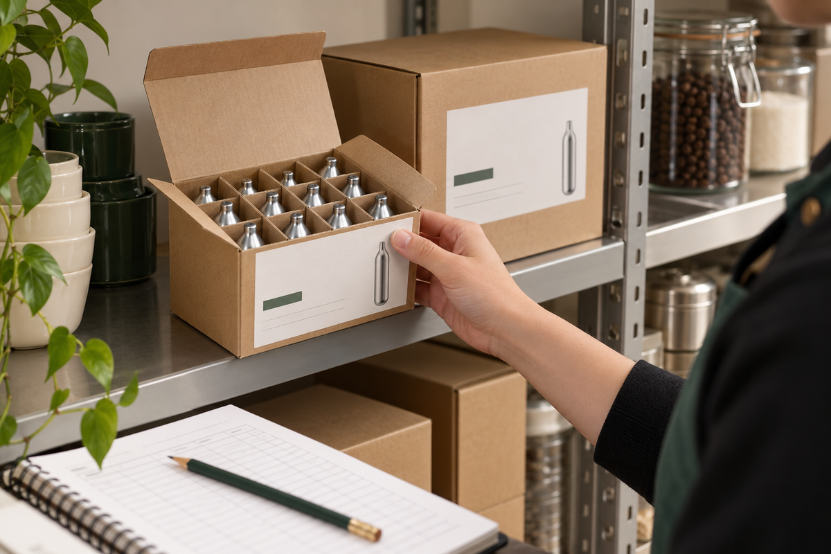 Cream charger stock stored and organized for a commercial kitchen