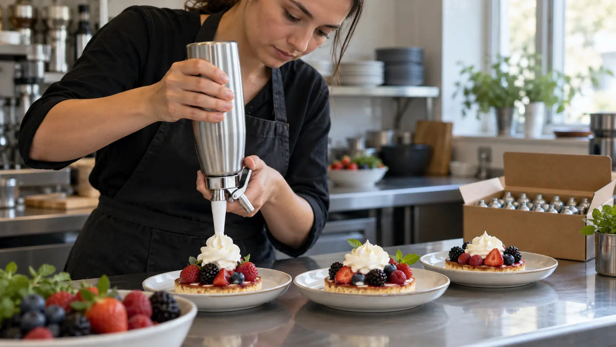Café worker serves desserts using a dispenser, with bulk cream chargers nearby.