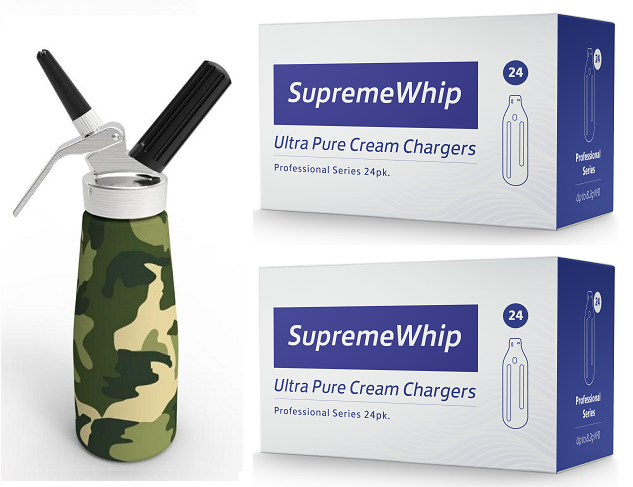 Starter Pack - SupremeWhip Cream Chargers –24 Packs  & 0.5L Camo Green Print Dispenser