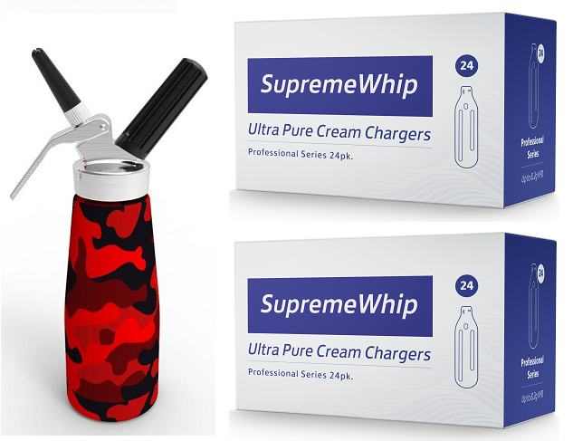 Starter Pack - SupremeWhip Cream Chargers –24 Packs  & 0.5L Camo Red Print Dispenser