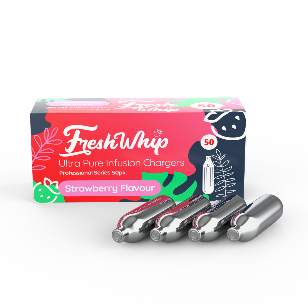 FreshWhip STRAWBERRY - 50 Packs - 8.2g N2O Cream Chargers  - WHOLESALE  Minimum 1 Carton