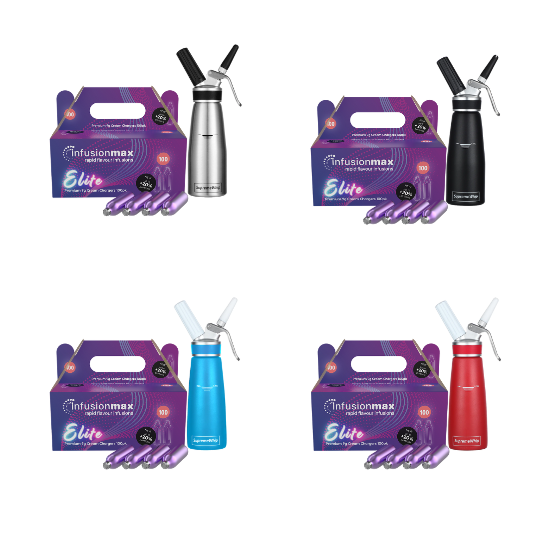 InfusionMax Elite 100-Pack 9g Cream Chargers + SupremeWhip PRO 500ml Aluminum Dispenser Bundle