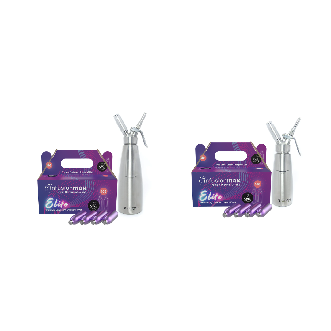 InfusionMax Elite 24-Pack 9g Cream Chargers + QuickWhip PRO Stainless Steel Whipped Cream Dispenser Bundle