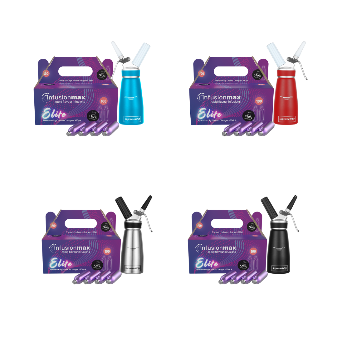 InfusionMax Elite 100-Pack 9g Cream Chargers + SupremeWhip PRO 250ml Aluminum Dispenser Bundle