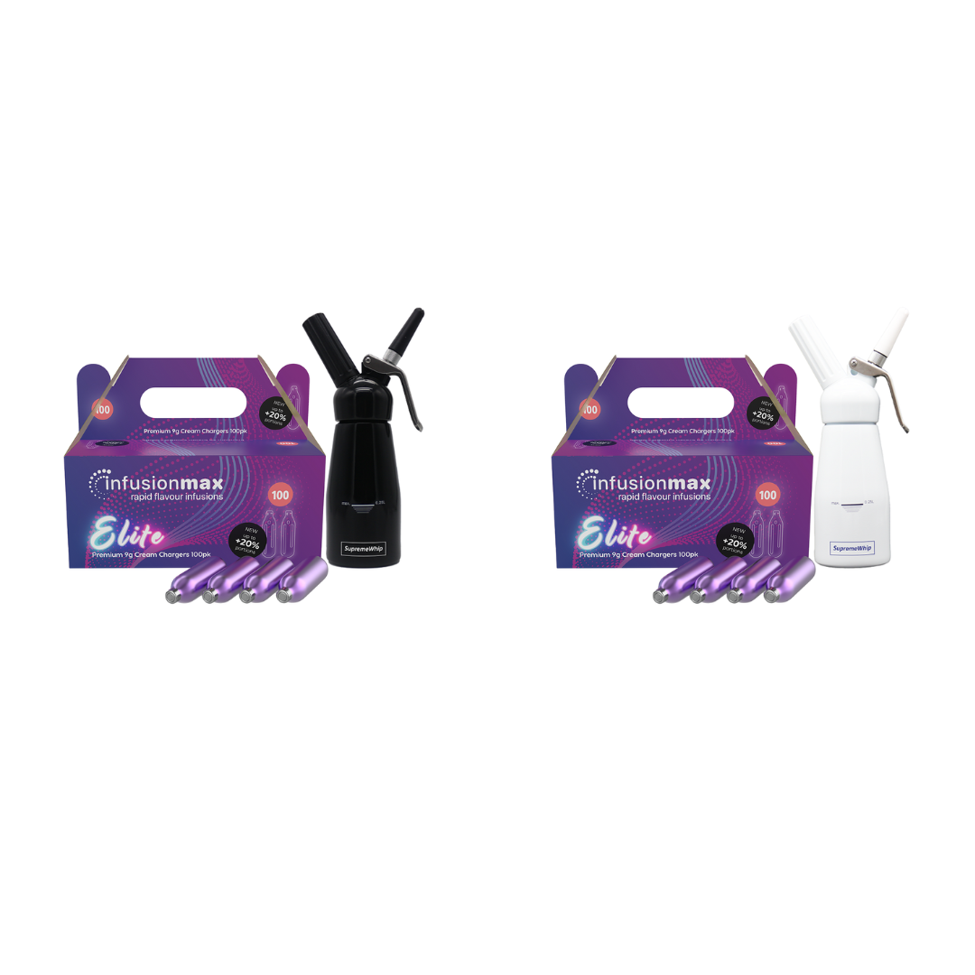 InfusionMax Elite 100-Pack 9g Cream Chargers + SupremeWhip 250ml Dispenser Bundle