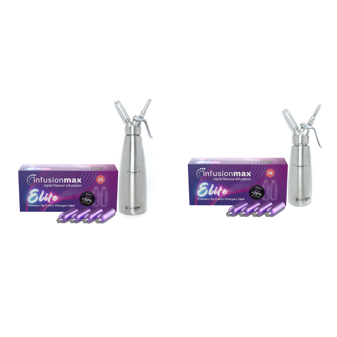 InfusionMax Elite 24-Pack 9g N₂O Cream Chargers Bundle + QuickWhip PRO Stainless Steel Whipped Cream Dispenser
