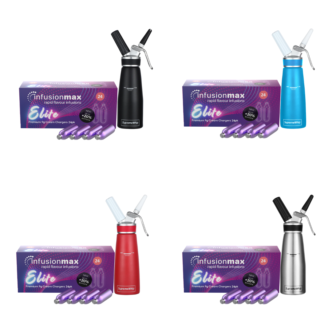 InfusionMax Elite 24-Pack 9g Whipped Cream Chargers + SupremeWhip PRO 250ml Dispenser Bundle