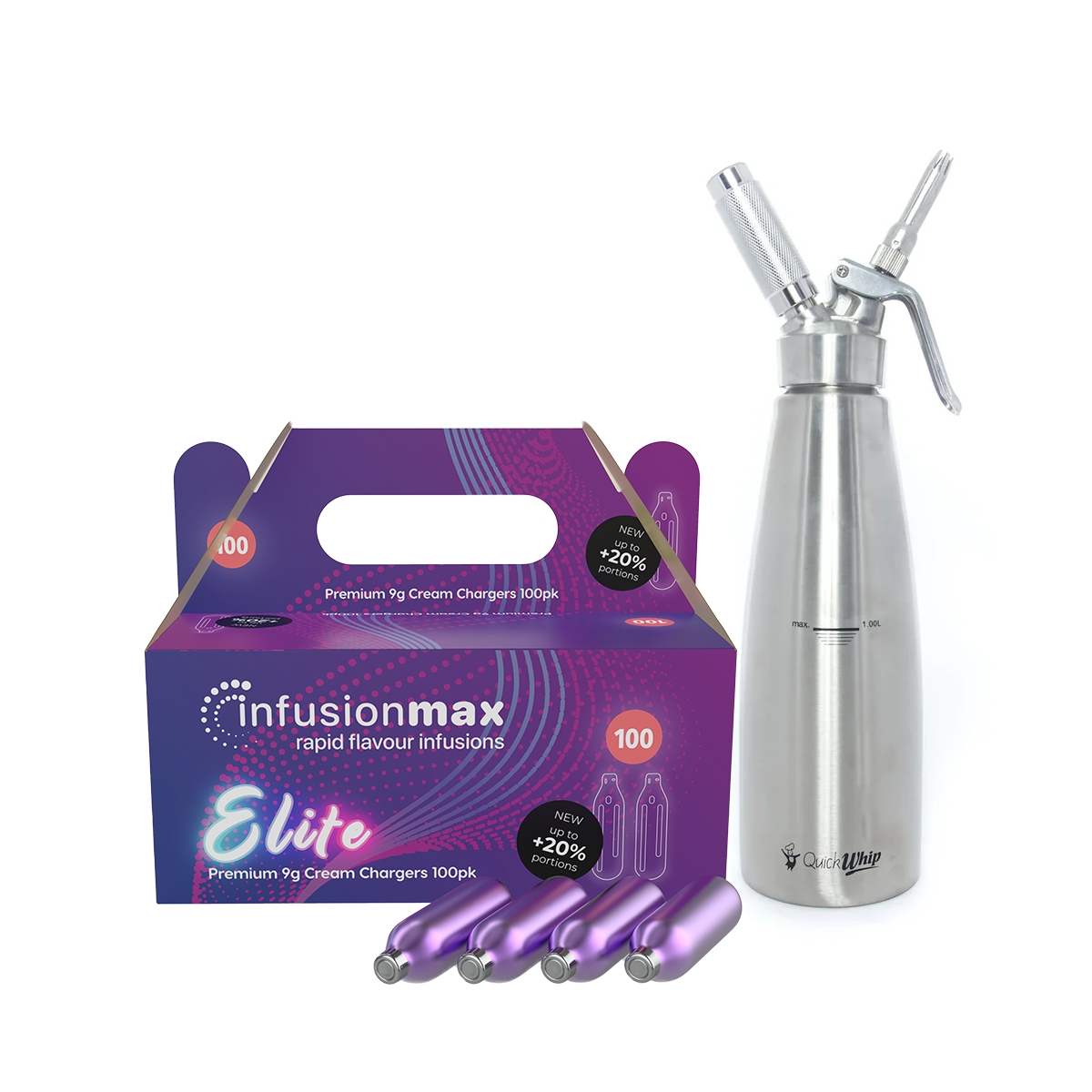 InfusionMax Elite 100-Pack 9g Cream Chargers + QuickWhip Pro Stainless Steel Whipped Cream Dispenser Bundle