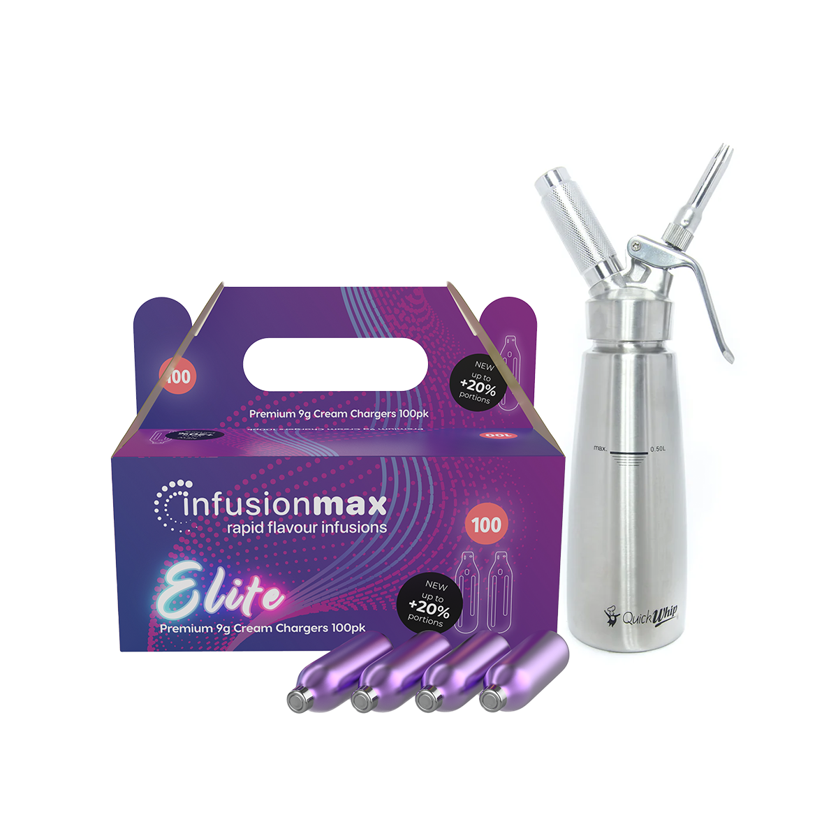 InfusionMax Elite 100-Pack 9g Cream Chargers + QuickWhip PRO Stainless Steel Dispenser Bundle