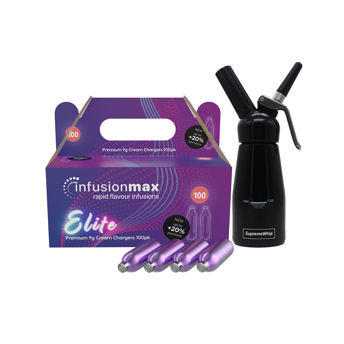InfusionMax Elite 100-Pack 9g Cream Chargers + SupremeWhip 250ml Aluminum Dispenser Bundle