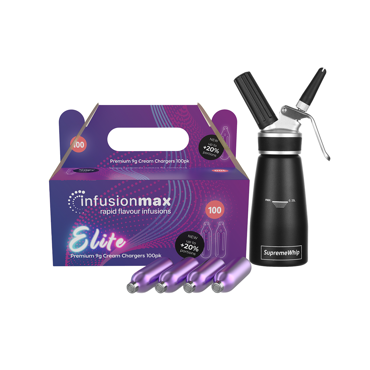 InfusionMax Elite 100-Pack 9g Cream Chargers + SupremeWhip PRO 250ML Dispenser Bundle