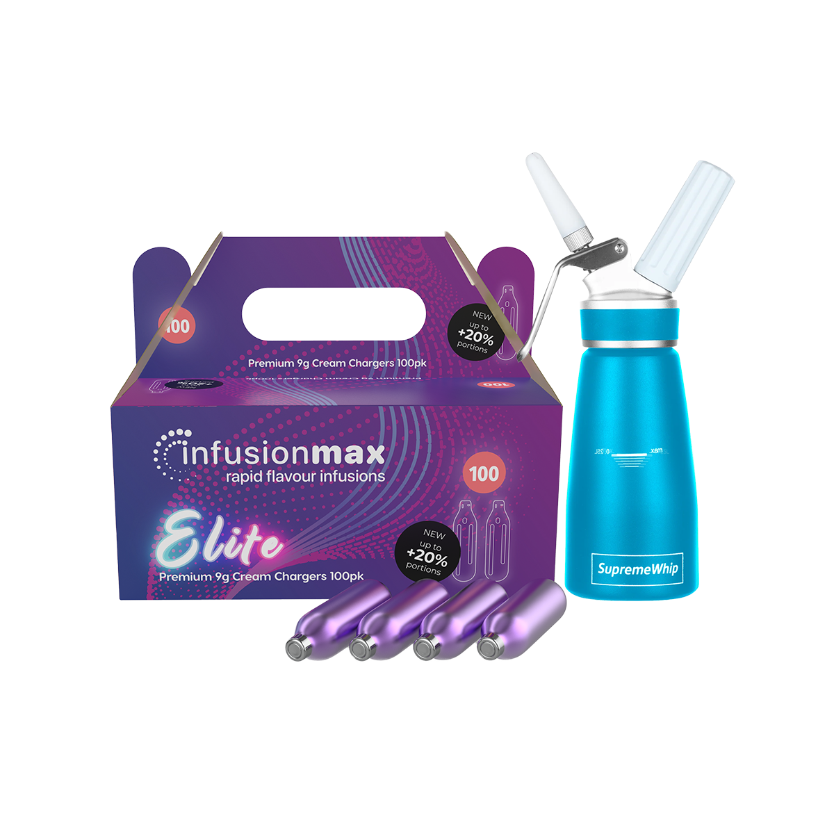 InfusionMax Elite 100-Pack 9g Cream Chargers + SupremeWhip PRO 250ml Aluminum Dispenser Bundle
