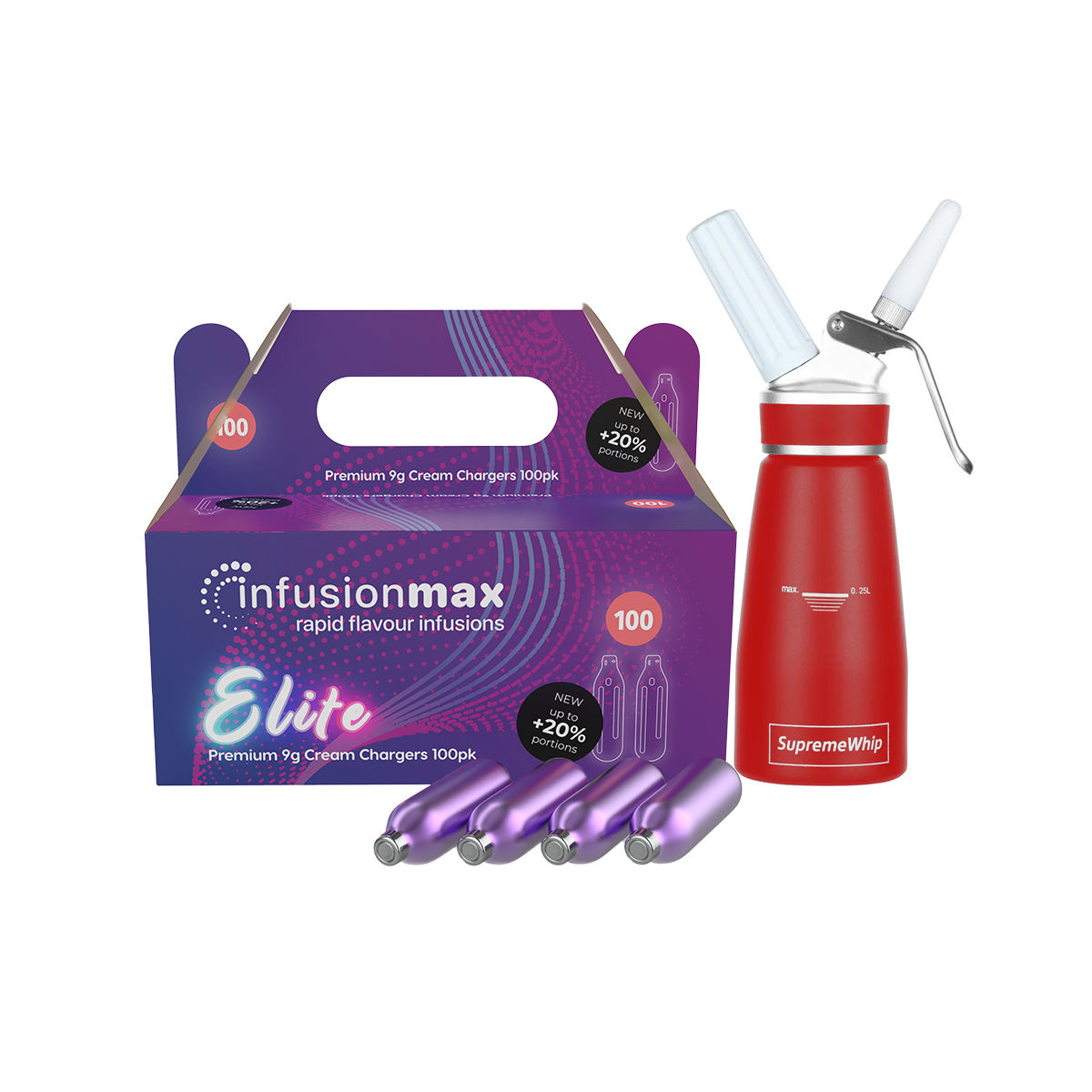 InfusionMax Elite 100-Pack 9g Cream Chargers + SupremeWhip PRO 250ML Dispenser Bundle