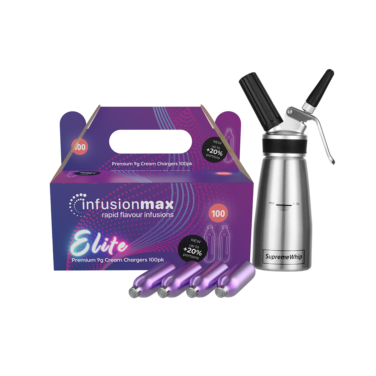 InfusionMax Elite 100-Pack 9g Cream Chargers + SupremeWhip PRO 250ml Aluminum Dispenser Bundle