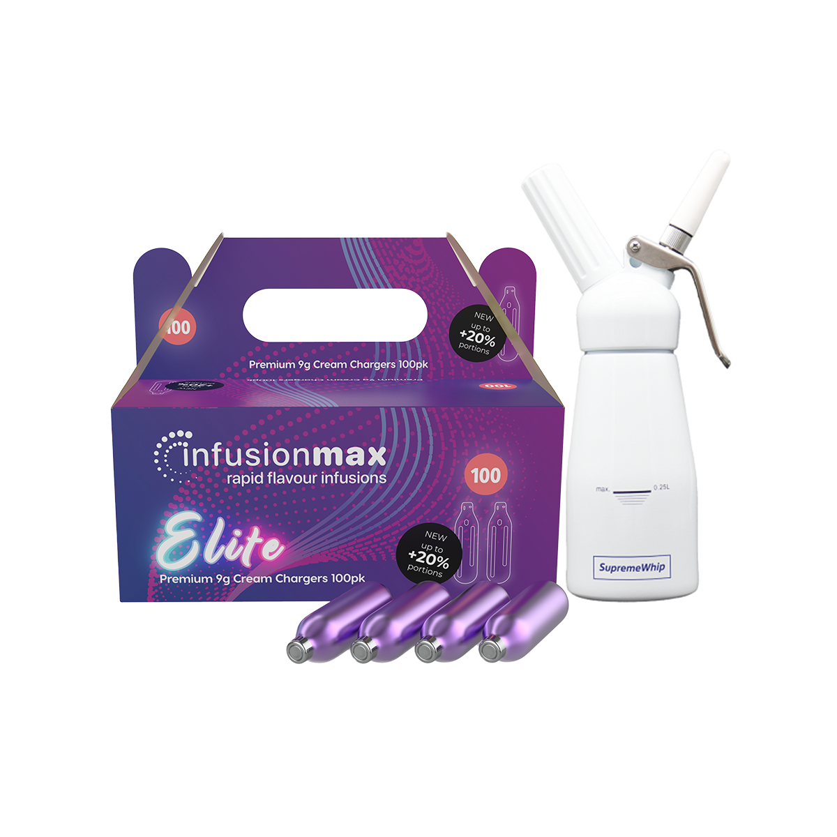 InfusionMax Elite 100-Pack 9g Cream Chargers + SupremeWhip 250ml Aluminum Dispenser Bundle