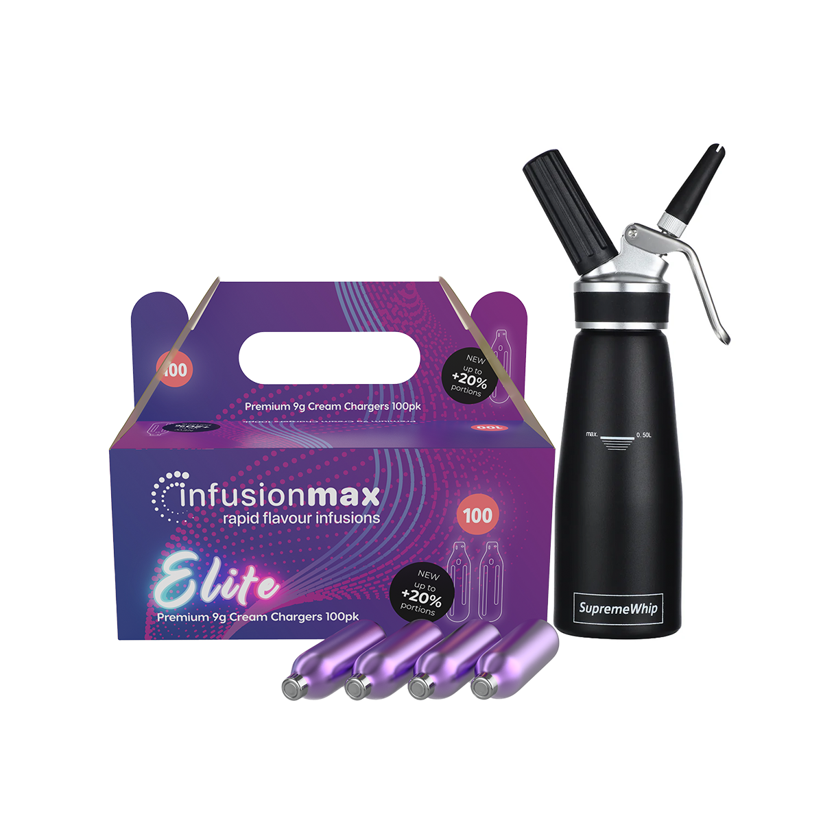 InfusionMax Elite 100-Pack 9g Cream Chargers + SupremeWhip PRO 500ml Dispenser Bundle