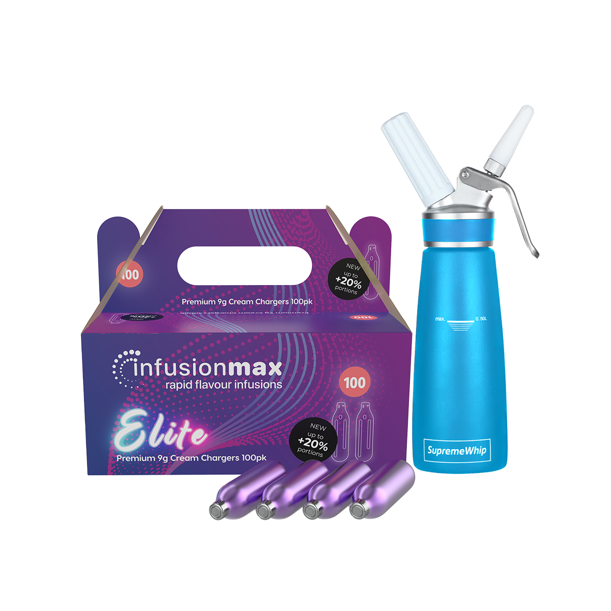 InfusionMax Elite 100-Pack 9g Cream Chargers + SupremeWhip PRO 500ml Dispenser Bundle