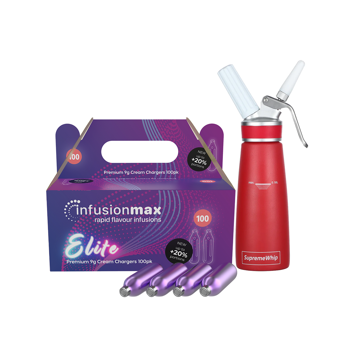 InfusionMax Elite 100-Pack 9g Cream Chargers + SupremeWhip PRO 500ml Aluminum Dispenser Bundle