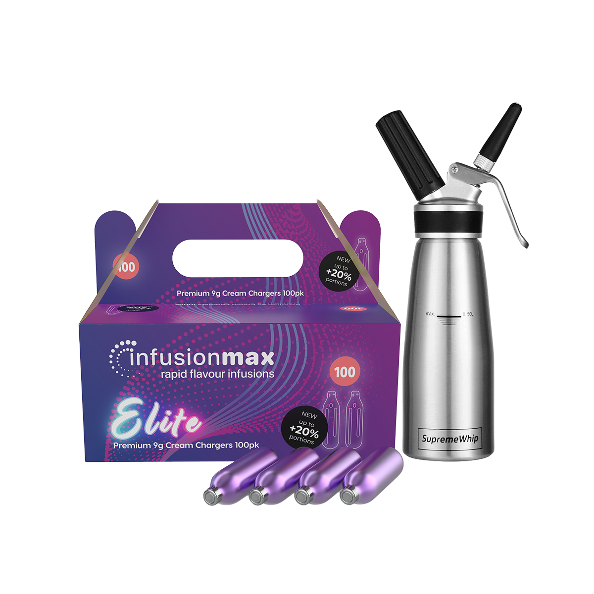 InfusionMax Elite 100-Pack 9g Cream Chargers + SupremeWhip PRO 500ml Dispenser Bundle
