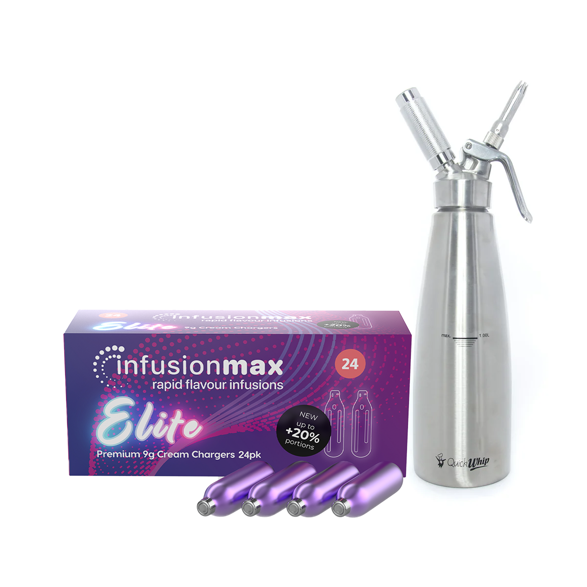 InfusionMax Elite 24-Pack 9g Cream Chargers + QuickWhip PRO Stainless Steel Whipped Cream Dispenser Bundle