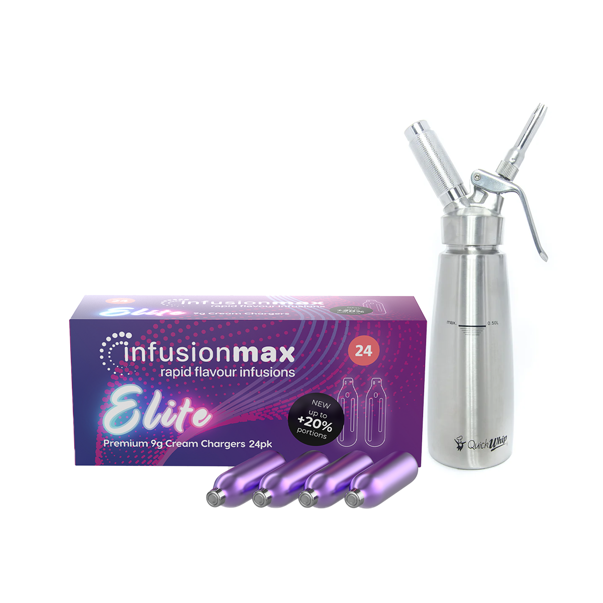InfusionMax Elite 24-Pack 9g N₂O Cream Chargers Bundle + QuickWhip PRO Stainless Steel Whipped Cream Dispenser