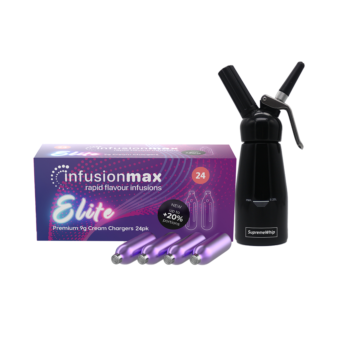 InfusionMax Elite 24-Pack 9g Cream Chargers + SupremeWhip 250ml Dispenser Bundle
