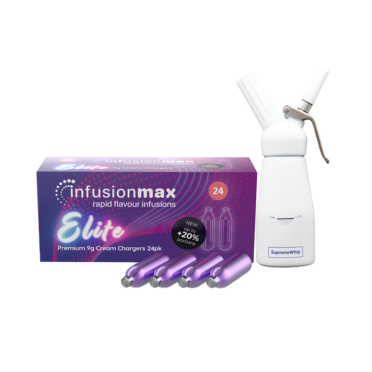 InfusionMax Elite 24-Pack 9g Cream Chargers + SupremeWhip 250ml Dispenser Bundle