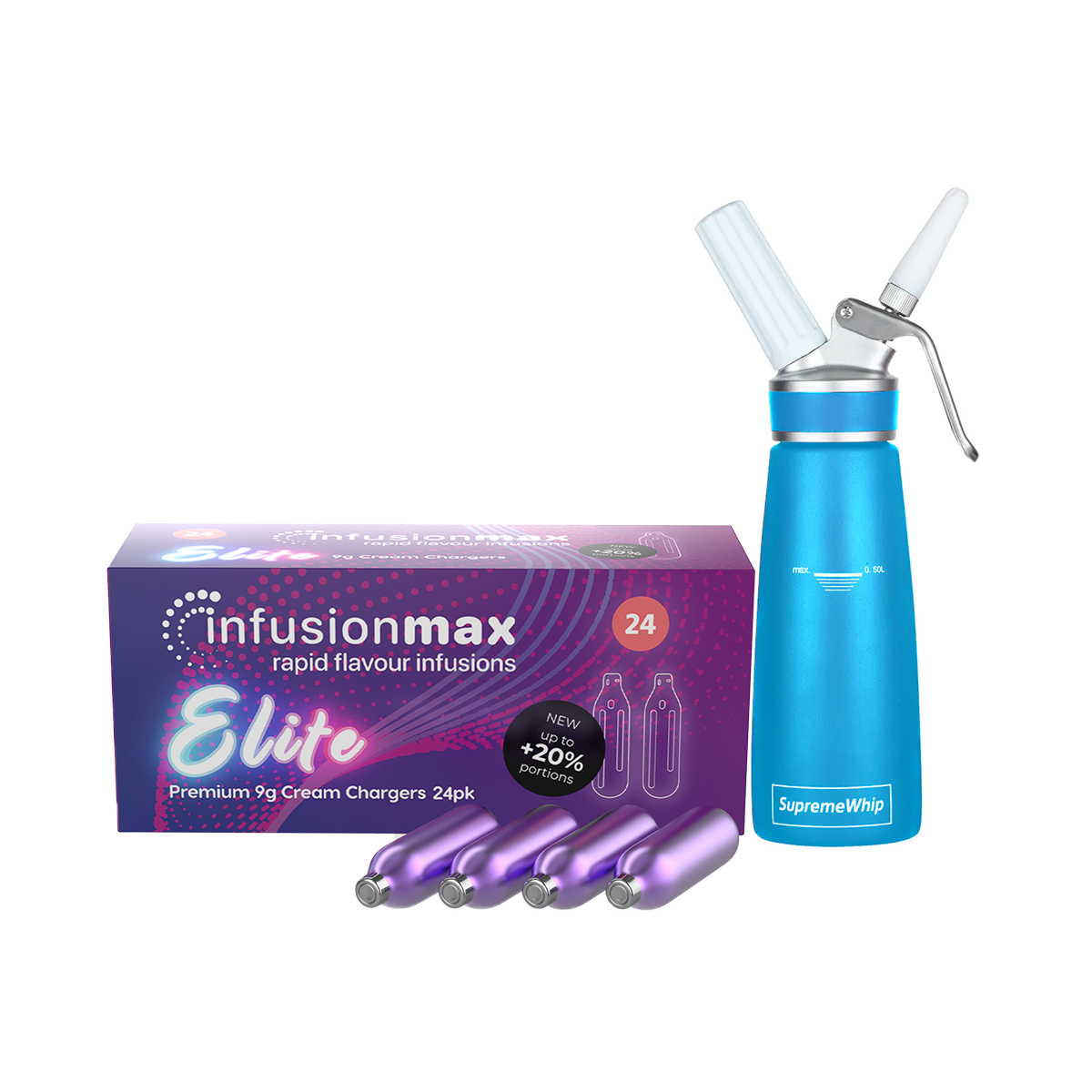 InfusionMax Elite 24 Packs 9g Whipped Cream Chargers + SupremeWhip PRO 500 ml Series Dispenser Bundle