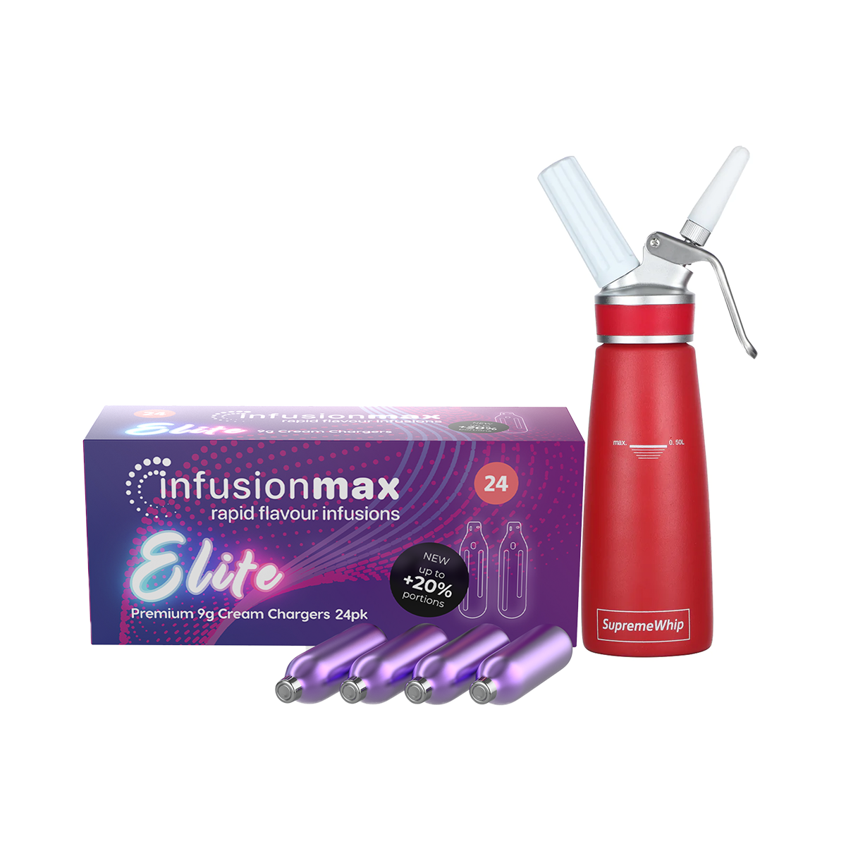 InfusionMax Elite 24 Packs 9g Whipped Cream Chargers + SupremeWhip PRO 500 ml Series Dispenser Bundle