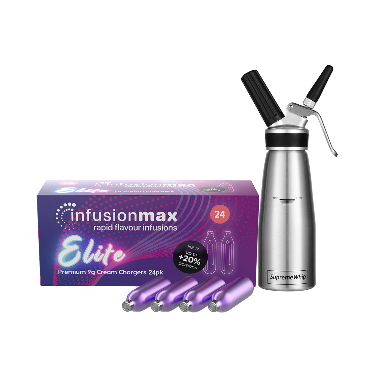 InfusionMax Elite 24 Packs 9g Whipped Cream Chargers + SupremeWhip PRO 500 ml Series Dispenser Bundle