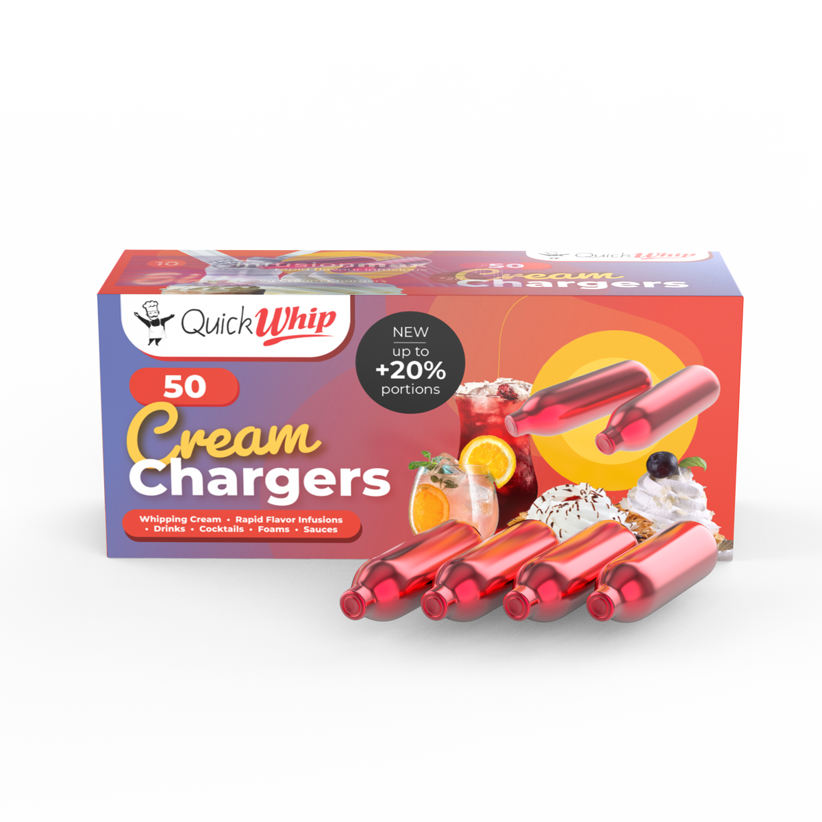 QuickWhip PRO 9g! N2O Whipped Cream Chargers (Cartridges) - 50 Packs