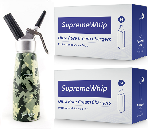 Starter Pack - SupremeWhip Cream Chargers – 600 - (25 x 24 Packs)  & QuickWhip 0.5L Army Print Dispenser