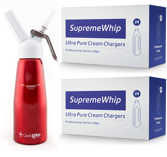 Starter Pack - SupremeWhip Cream Chargers – 192 - (8 x 24 Packs)  & QuickWhip 0.5L Red Dispenser
