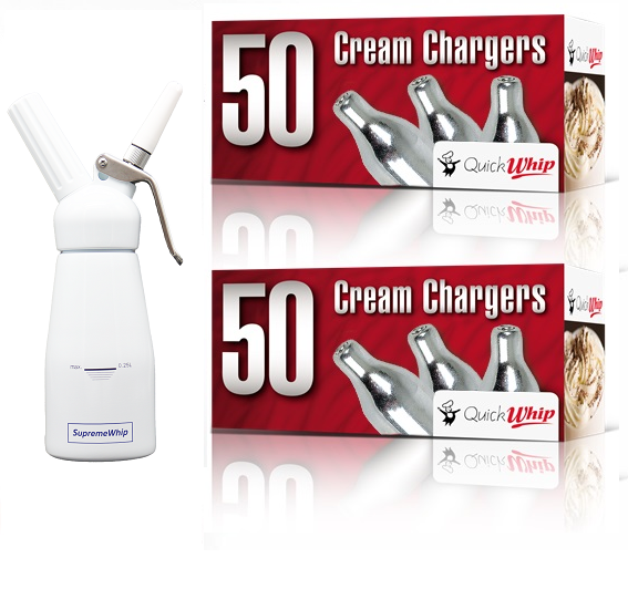 Starter Pack - QuickWhip Cream Chargers – 600 - (12 x 50 Packs)  & 0.25L SupremeWhip Dispenser White