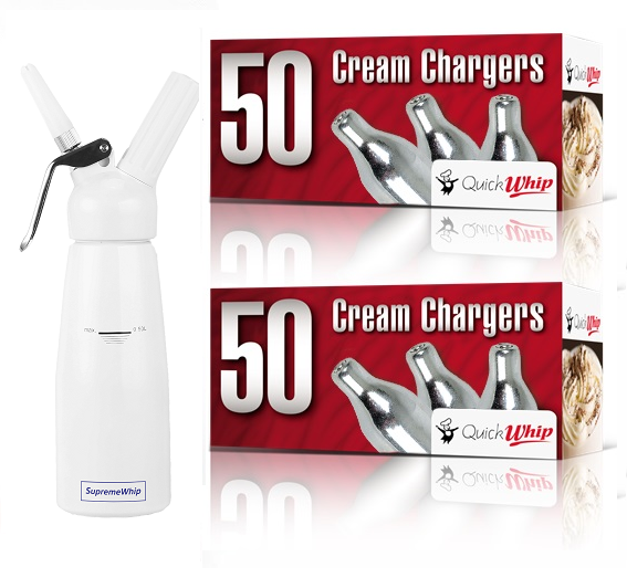 Starter Pack - QuickWhip Cream Chargers – 600 - (12 x 50 Packs)  & 0.5L SupremeWhip Dispenser White